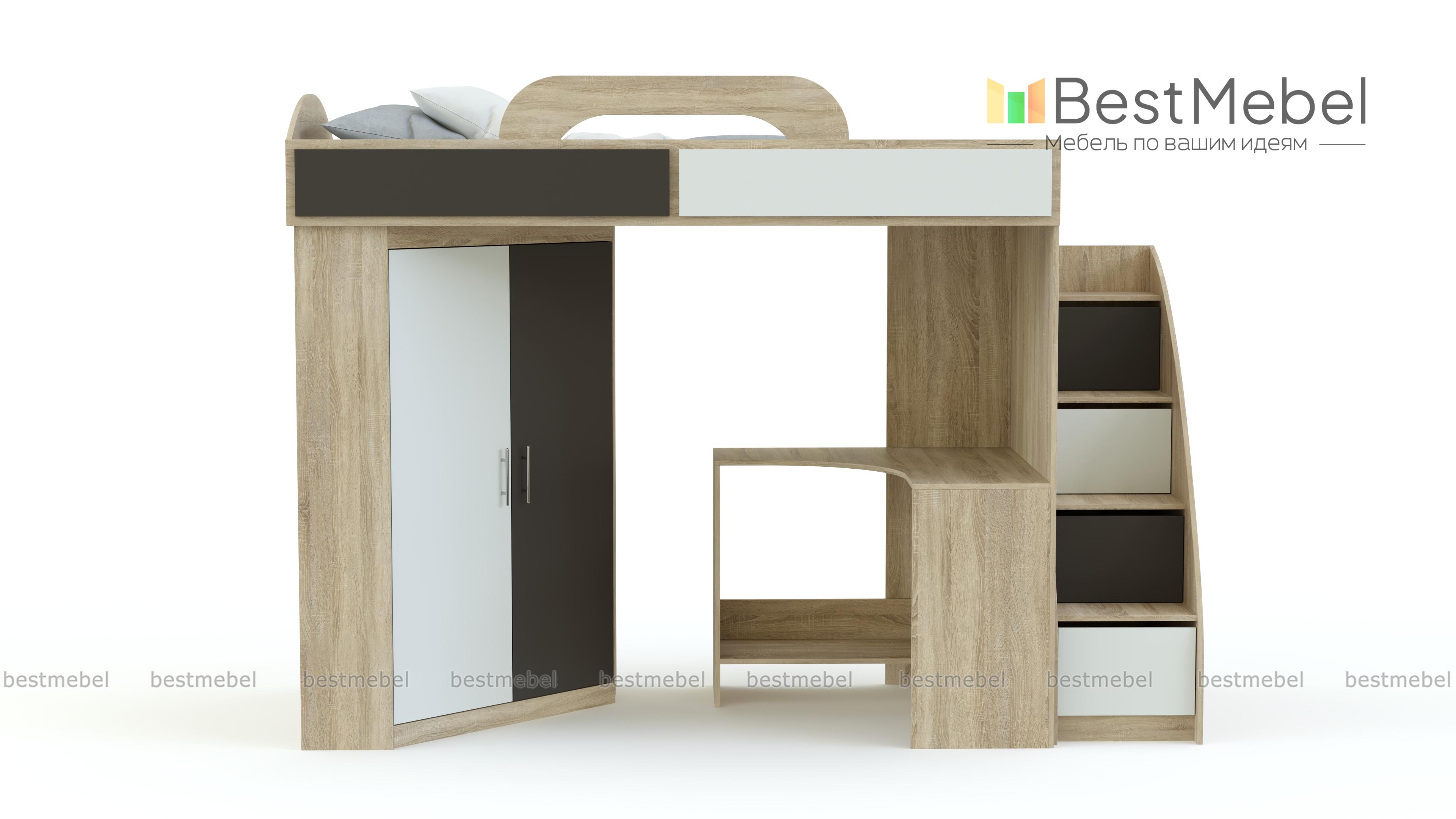 Кровать-чердак со шкафом и столом Фимо 2 BMS - Фото